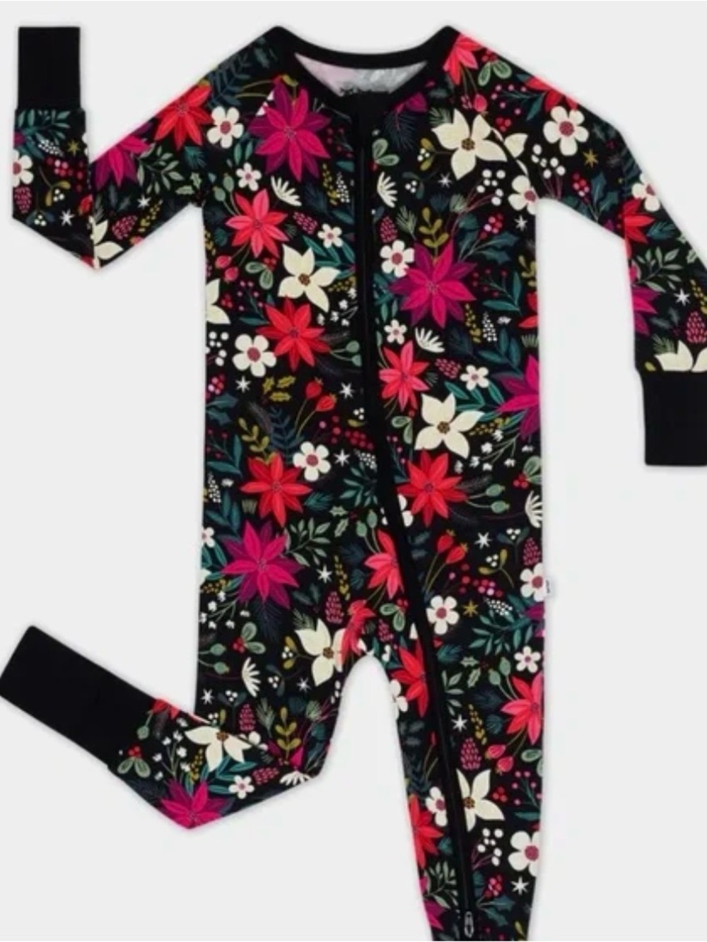 Little Sleepies Berry Merry Bamboo Zippy- Black with Red & Pink Floral 6-12m